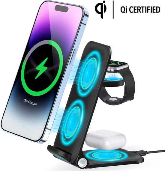 Phreeze 3-in-1 Draadloze Oplader - 15w - Snellader - Zwart - Wireless Fast Charger - Voor Mobiele Telefoon, Smartwatch, GSM, Smartphone, Draadloze Oordopjes