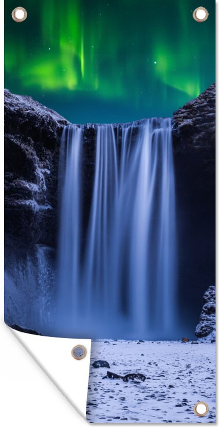 Affiche de jardin Aurores Boréales - Cascade - Neige - Islande - 40x80 cm - Décoration murale Outdoor - Affiche de jardin - Toile de jardin - Affiche de clôture - Tableau de jardin