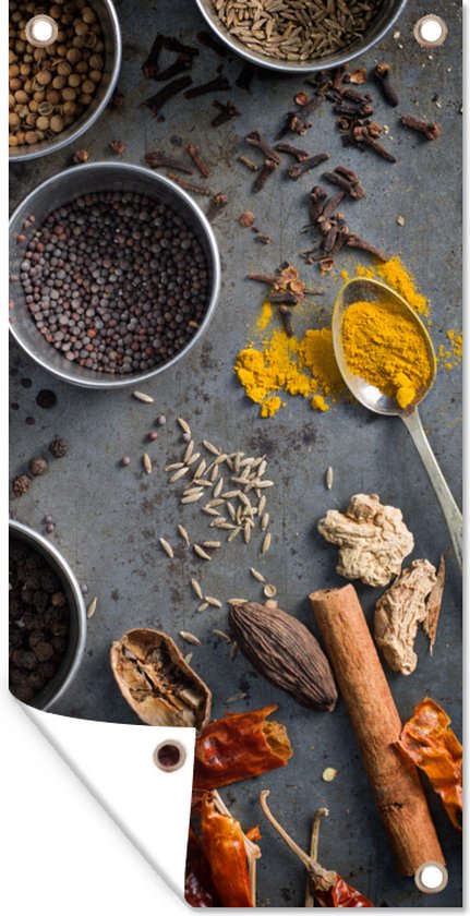 Gros plan sur diverses épices : bâtons de cannelle, grains de poivre, anis étoilé, piments séchés et curcuma sur une cuillère.
