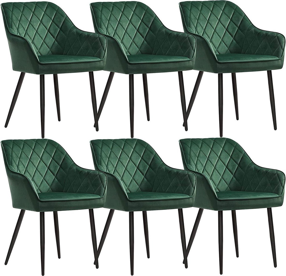 Eetkamerstoelen - Fauteuil - Gestoffeerde stoelen - Set van 6 - Met armleuningen - Metalen poten - Fluwelen bekleding - Groen