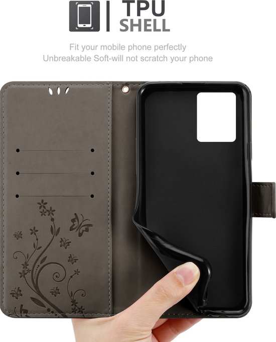 Étui Cadorabo pour Realme 8 4G / 8 PRO en GRIS FLORAL - Housse de protection à motif floral avec fermeture magnétique, fonction support et fentes pour cartes Book Case Cover Etui