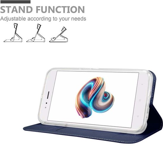 Étui de téléphone bleu foncé avec fonction de support réglable, avec téléphone en mode support.