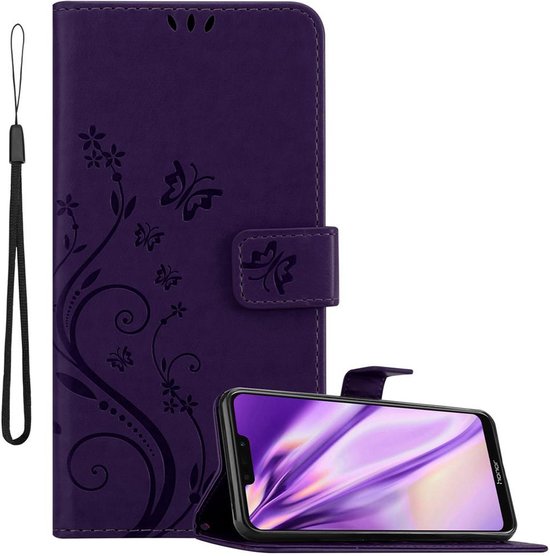 Cadorabo Hoesje geschikt voor Honor 8C in BLOEMEN DONKER PAARS - Beschermhoes in bloemmotief met magnetische sluiting, standfunctie en kaartsleuven Book Case Cover Etui