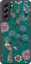 Hoesje geschikt voor Samsung Galaxy S21 FE - Vogels Japanse bloemen - TPU Hard Case Backcover - Groen - Mooie Telefoonhoesjes