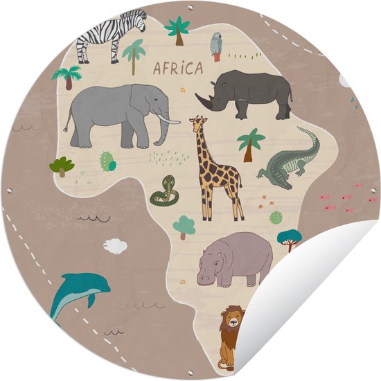 Tuincirkel Dieren - Wereldkaart - Kinderen - Afrika - Kids - Jongens - Meisjes - 150x150 cm - Ronde Tuinposter - Buiten