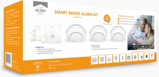 Doos van de Smart Smoke Alarm Kit met K2 connector, drie rookmelders en afbeelding van een koppel.