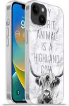 Geschikt voorApple Iphone 14 Plus - Soft case hoesje - Schotse hooglander - Marmer print - Quote - Siliconen Telefoonhoesje