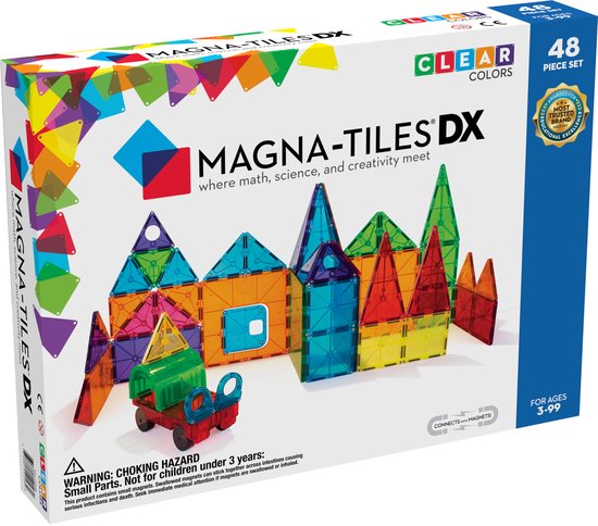 Verpakkingsdoos voor Magna-Tiles DX 48-delige set met afbeelding van een gebouwd kasteel en voertuig.