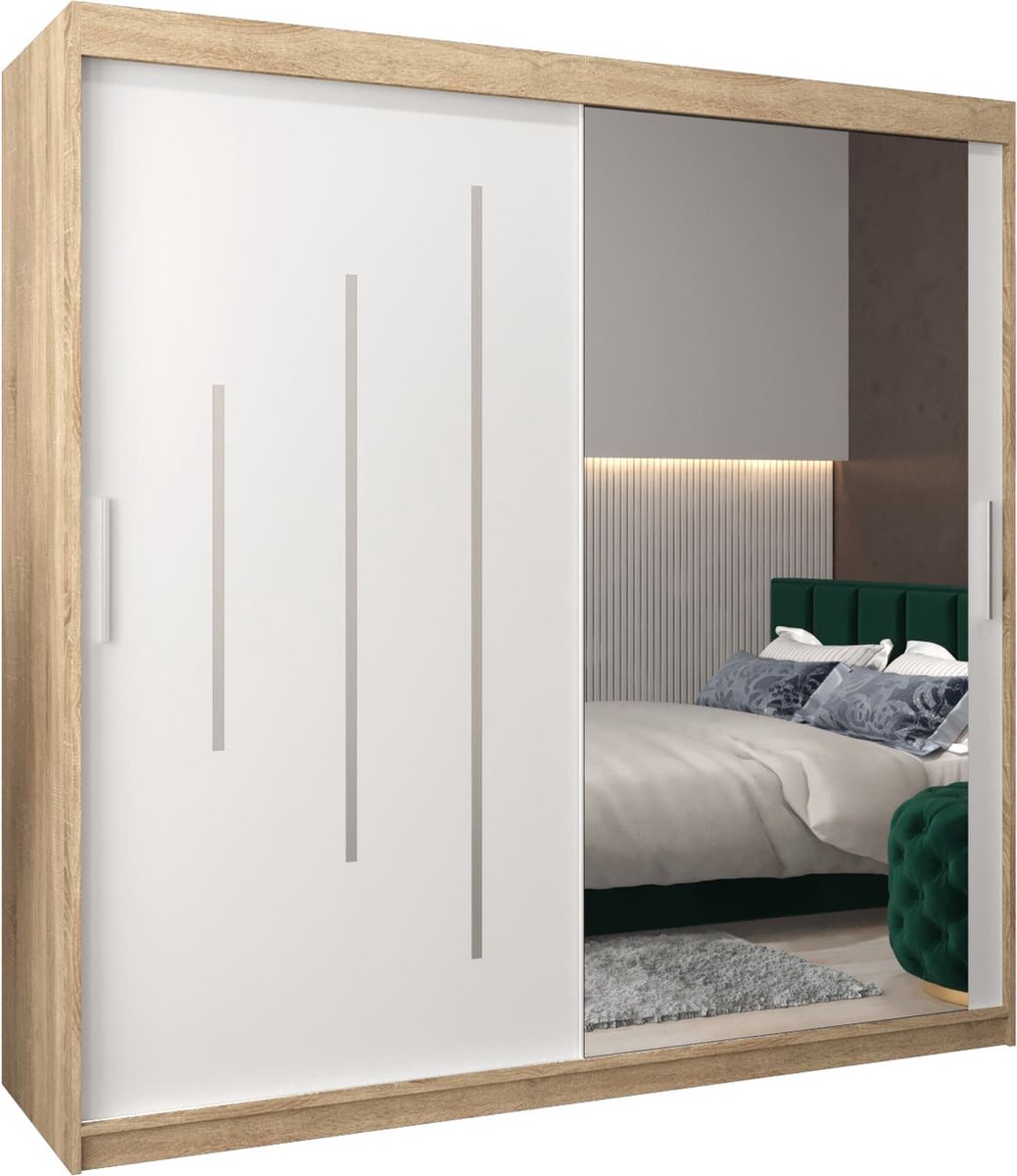 InspireME Kledingkast met 2 schuifdeuren, Modern-stijl, Een kledingkast met planken en een spiegel (BxHxD): 200x200x62 - MALTESE II 200 Sonoma Eik + Wit Mat met 4 lades