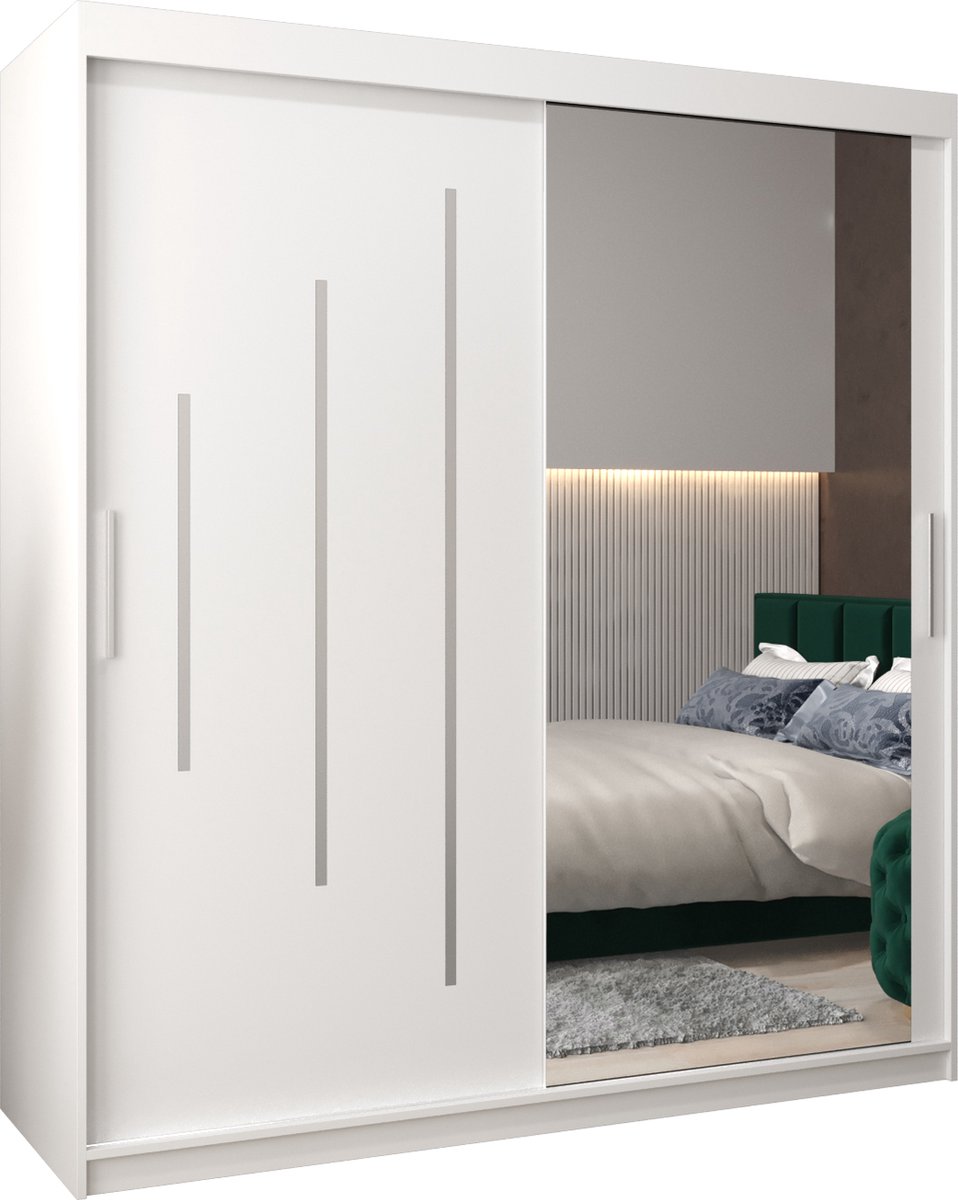 InspireME Kledingkast met 2 schuifdeuren, Modern-stijl, Een kledingkast met planken en een spiegel (BxHxD): 180x200x62 - MALTESE II 180 Wit Mat met 4 lades
