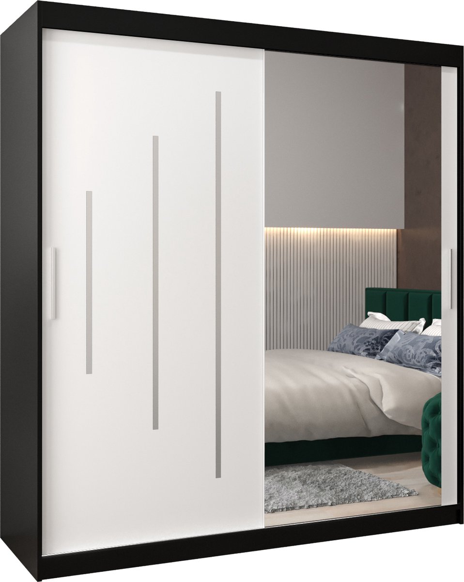 InspireME Kledingkast met 2 schuifdeuren, Modern-stijl, Een kledingkast met planken en een spiegel (BxHxD): 180x200x62 - MALTESE II 180 Zwart Mat + Wit Mat met 4 lades