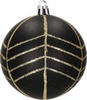 Zwarte kerstbal met gouden glitter lijnen.