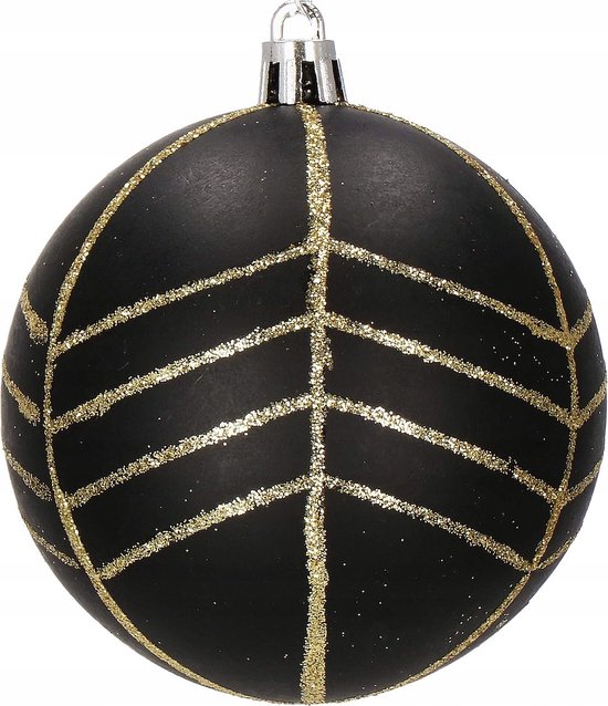 Zwarte kerstbal met gouden glitter lijnen.