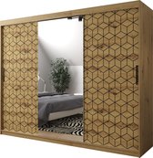 InspireMe - Kledingkast met 3 schuifdeuren, Modern-stijl, Een kledingkast met planken en een spiegel (BxHxD): 250x200x62 - GIPS T2 250 Artisan Eik + Zwart Mat