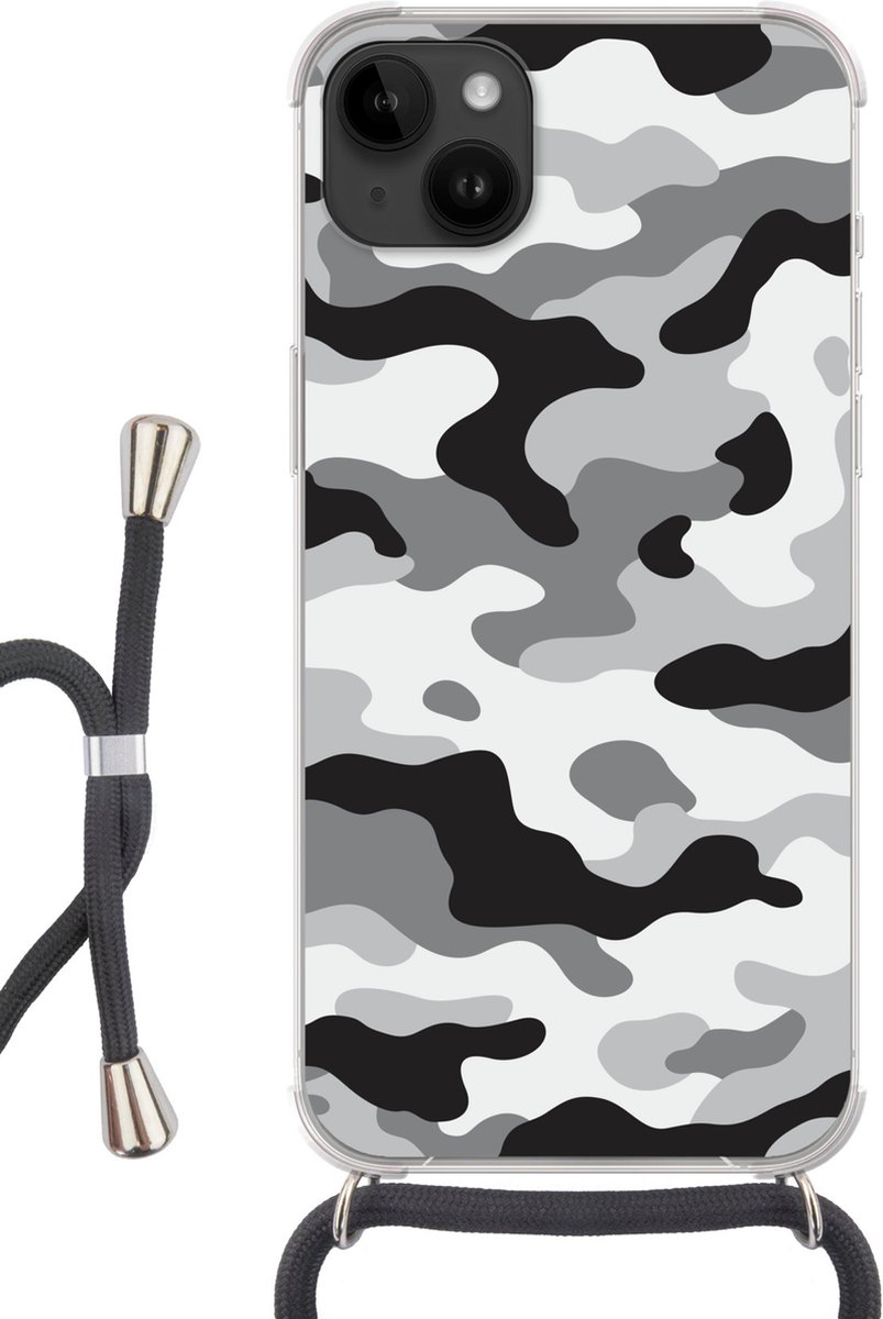 Geschikt voor Apple iPhone 14 Plus - Crossbody Case - Zwart-wit camouflage patroon - Siliconen - Crossbody - Backcover met Koord - Telefoonhoesje met koord - Hoesje met touw