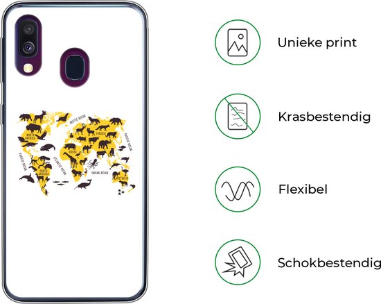 Coque Samsung Galaxy A40 - Wereldkaart - Animaux - Jaune - Siliconen