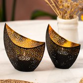 Gadgy Waxinelichthouder Oosters - Theelichthouders Raam of Woonkamer - Set van 2 - Decoratie voor Binnen 16&14.5CM - Kaarsenhouders voor Waxinelichten - Metaal Zwart / Goud - Cadeautje voor Haar - Moederdag Cadeautje