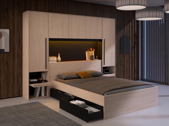 Bed met opbergruimte 160 x 200 cm - Met LED's - Kleur: naturel en zwart - VELONA L 265.2 cm x H 202.8 cm x D 243 cm