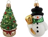 Sneeuwpop met Groene Sjaaltje en Kerstboom in Mandje Kersthangers - Set van 2 hangers voor de kerstboom