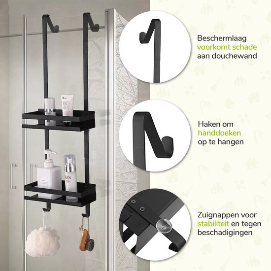 Zwart 2-laags doucherek, hangend aan de douchewand, met haken. Duidelijke weergave van de beschermlaag, haken en zuignappen.