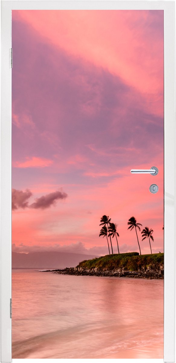 Deurposter 85x215 cm - Deursticker Lucht - Strand - Roze - Meubelfolie zelfklevend - Deurf