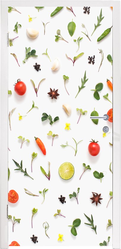 Deursticker Flat lay fruit, groente, specerijen en kruiden - 80x205 cm - Deurposter