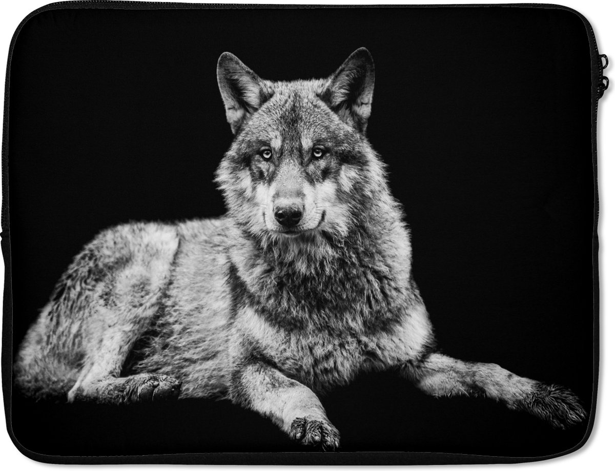 Laptophoes 17 inch - Wilde dieren - Wolf - Zwart - Wit - Laptop sleeve - Binnenmaat 41x28 cm - Zwarte achterkant