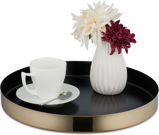 Relaxdays dienblad rvs - ⌀ 35 cm - rvs - modern - serveerblad koffie - kaarsenplateau rond - zwart-goud