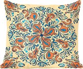 Sierkussen Motif carré 1:1 pour l'intérieur - Motif carré sur fond orange clair avec une fleur orange et noir avec des feuilles bleues - 50x50 cm - Coussin intérieur carré en coton