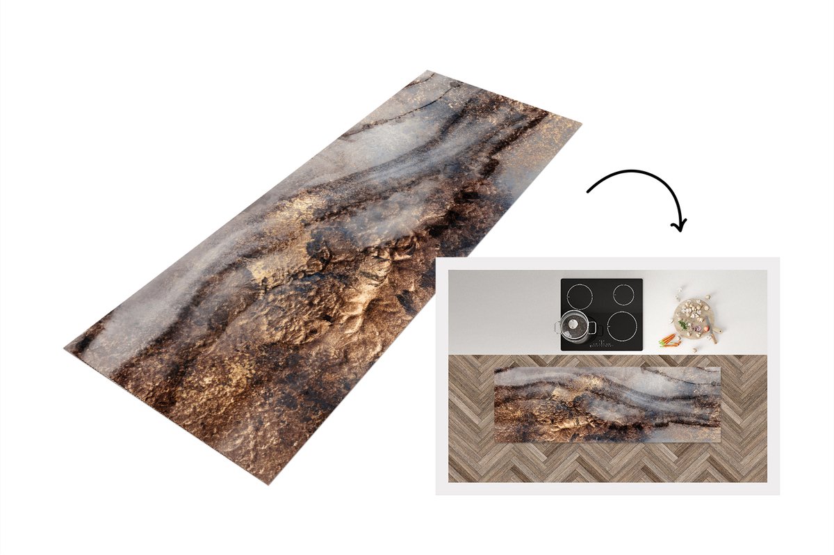 KitchenYeah Keukenloper - Loper keuken - Storm - Goud - Abstract - Keukenloper vinyl, foto 5