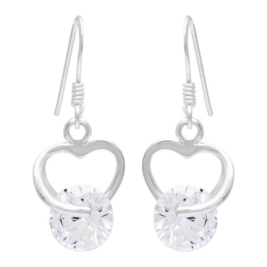 Zilveren oorbellen | Hangers | Zilveren oorhangers, open hart met steentje