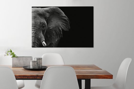 Peinture sur Toile - Animaux Sauvages - Éléphant - Zwart - Wit - Décoration murale - Toile - 60x40 cm - Canvasdoek sur Toile - Salon