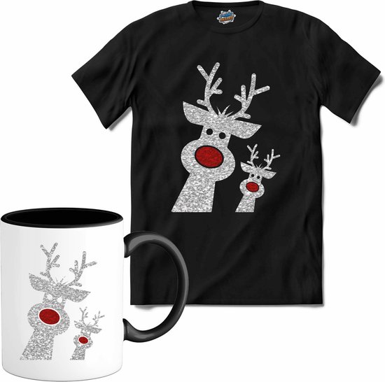 Kerst rendier buddy's glitter - T-Shirt met mok - Heren - Zwart - Maat S