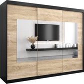 InspireMe - Kledingkast met 3 schuifdeuren, Modern-stijl, Een kledingkast met planken en een spiegel (BxHxD): 250x200x62 - TRINA 250 Zwart Mat + Sonoma Eik mat 4 lades