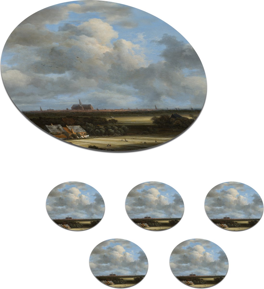 Onderzetters voor glazen - Rond - Gezicht op Haarlem met bleekvelden - Schilderij van Jacob van Ruisdael - 10x10 cm - Glasonderzetters - 6 stuks