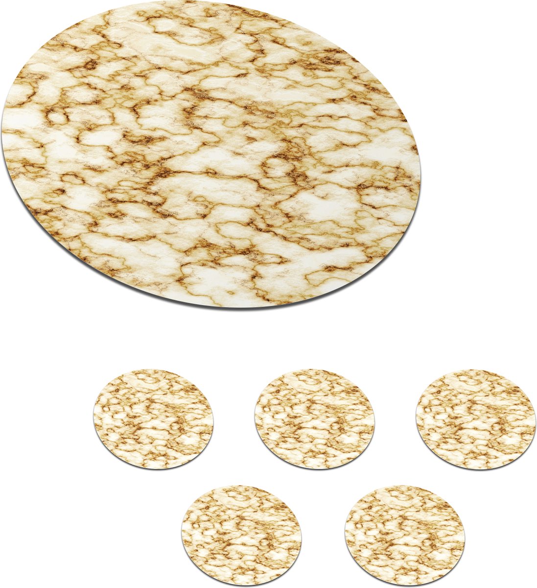 Onderzetters voor glazen - Rond - Marmer - Wit - Bruin - 10x10 cm - Glasonderzetters - 6 stuks