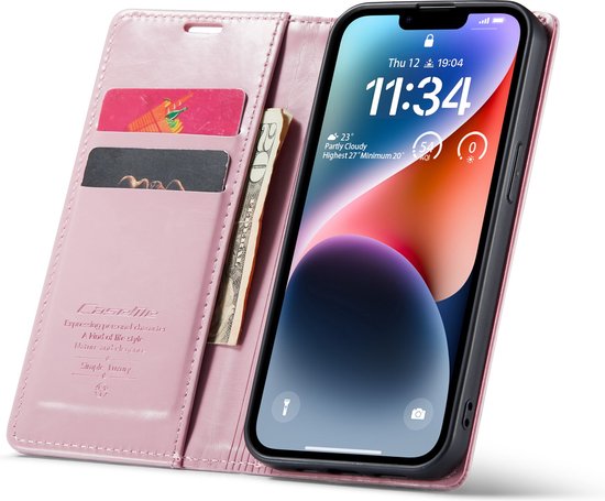 CaseMe - Coque de téléphone adaptée pour Apple iPhone 14 - Etui portefeuille à rabat - Fermeture magnétique - Rose
