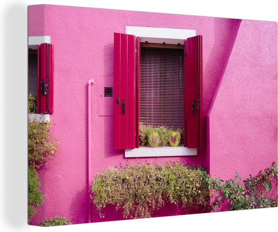 Canvas Schilderij Open raam in een roze muur - 60x40 cm - Wanddecoratie