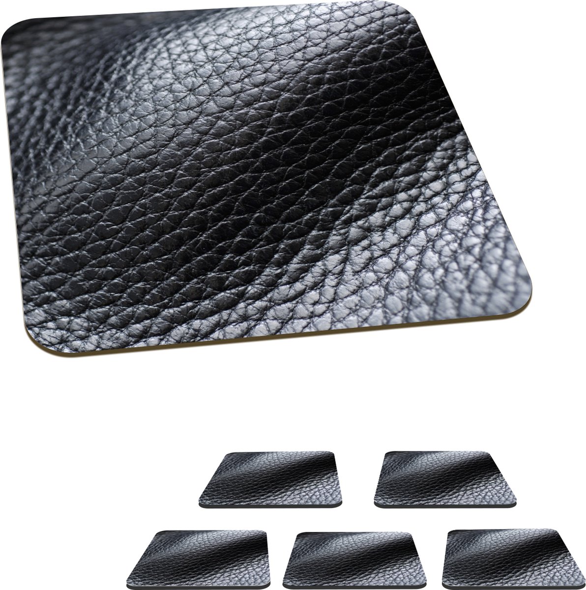 Onderzetters voor glazen - Leer - Structuur - Zwart - Licht - 10x10 cm - Glasonderzetters - 6 stuks