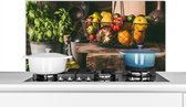 Spatscherm keuken 100x50 cm - Kookplaat achterwand Groente - Kruiden - Rustiek - Stilleven - Basilicum - Muurbeschermer - Spatwand fornuis - Hoogwaardig aluminium