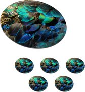Onderzetters voor glazen - Rond - Veren - Pauwveren - Pauw - Blauw - Kunst - 10x10 cm - Glasonderzetters - 6 stuks