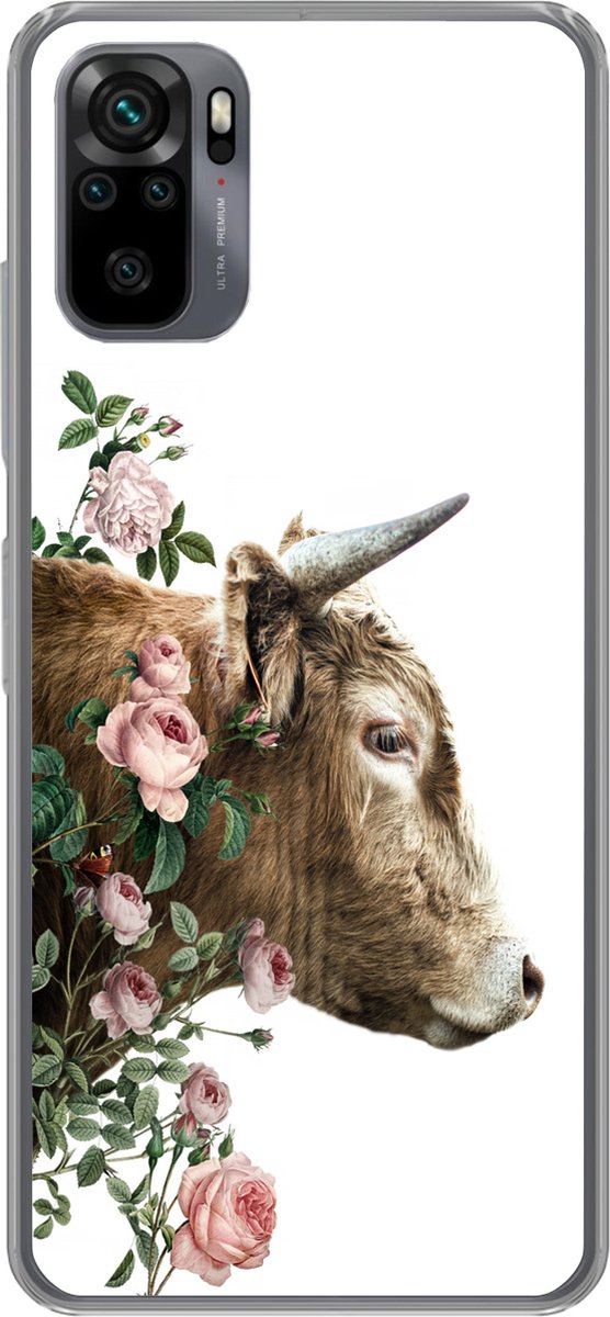 Telefoonhoesje Geschikt voor Xiaomi Geschikt voor Redmi Note 10 hoesje - Schotse hooglander - Koe - Bloemen - Siliconen Telefoonhoesje Telefoonhoesje