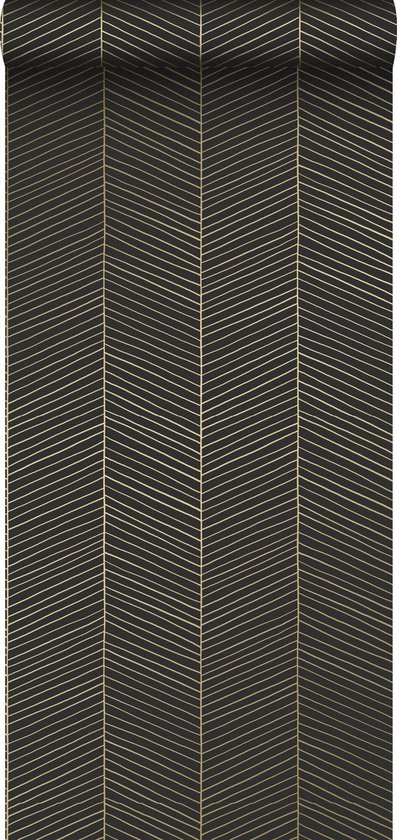 ESTAhome behang visgraat-motief zwart en goud – 139136 – 0,53 x 10,05 m