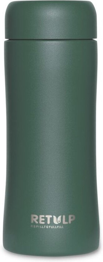 Een donkergroene RETULP tumbler met het logo op een witte achtergrond.