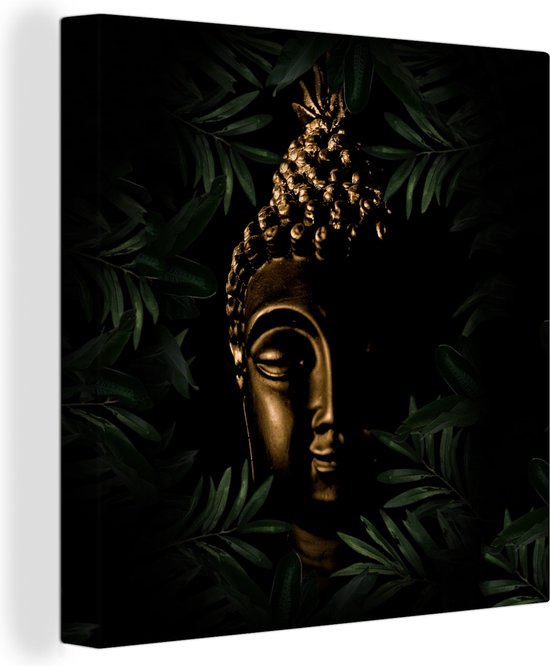 Canvas Schilderij Buddha - Bladeren - Schaduw - 90x90 cm - Wanddecoratie