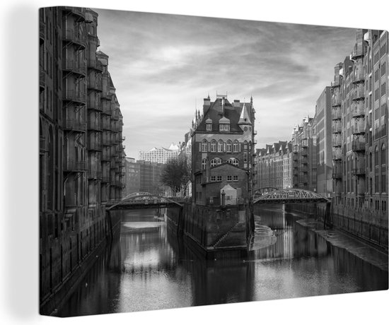 Canvas Schilderij Fleetschloss in Hamburg - zwart wit - 30x20 cm - Wanddecoratie