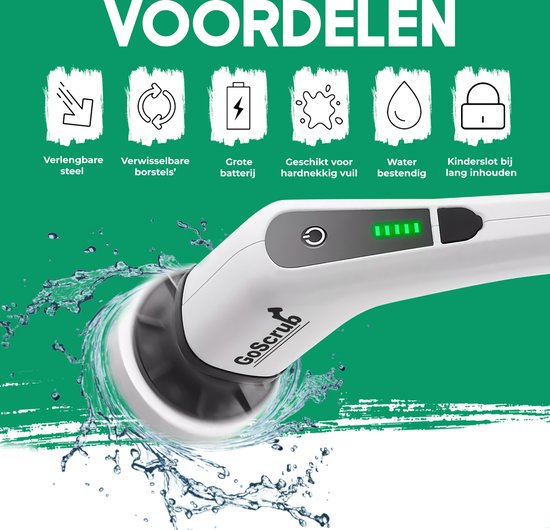 Voordelen van de elektrische schrobborstel: verlengbare steel, verwisselbare borstels, grote batterij, waterbestendig.