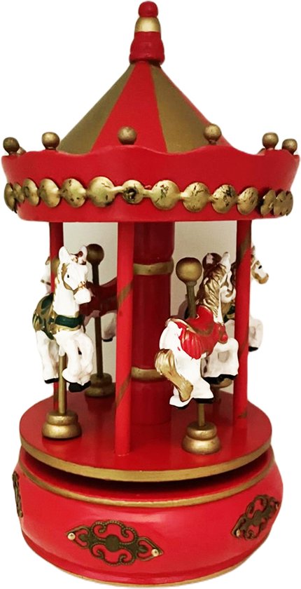 Kerst carrousel- Kerst decoratie - Carrousel (carousel) - Paarden Carrousel - Retro Vintage Decoratie - Muziekdoosje - Carrousel rood - Opwindbaar - Muziek.