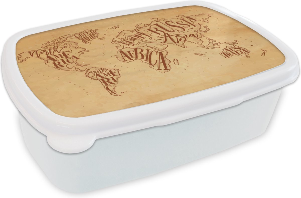 Broodtrommel Wit - Lunchbox - Brooddoos - Wereldkaart - Retro - Bruin - 18x12x6 cm - Volwassenen