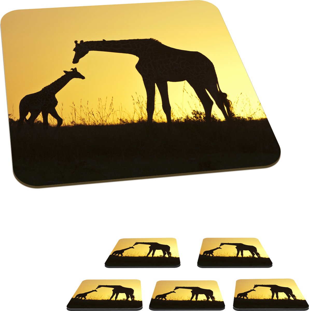 Onderzetters voor glazen - Giraffe - Silhouet - Kalf - 10x10 cm - Glasonderzetters - 6 stuks